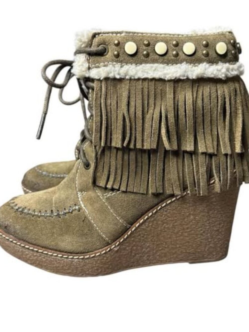 Sam Edelman Kemper Fringe Wedge Booties – Moss Green | Size 6